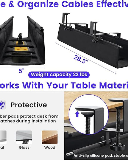 Under Desk Cable Management Tray Storage with Clamp for Wire Management Cord Organizer No Drill 28.3" for Office Home