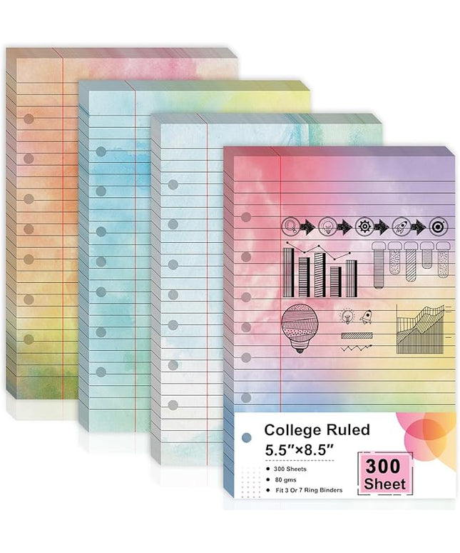 300 Sheet Watercolor Lined Writing Paper 5.5x8.5 Inch 7-Hole Lined Refills Loose Leaf Colored Notebook Filler Paper College Ruled Double Side Printing For 3 Or 7 Ring Binders