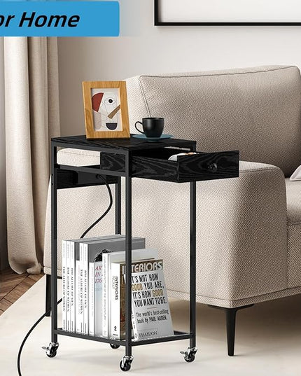 2 Tier Computer Tower Stand with Drawer, CPU Holder Stand with Charge Station and USB Charging Port, Printer Cart with Wheels for Home Office Fax, Black
