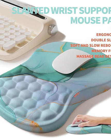 2-in-1 Ergonomic Set, Wave Rise Keyboard Wrist Rest and Massage Bulge Slope Mouse Pad Wrist Support, Cushion Memory Foam Integrated to Relieve Wrist Pain, Blue Gold Marble