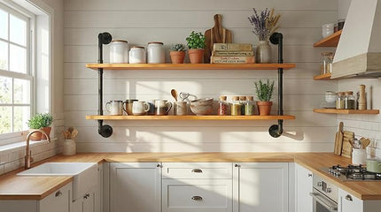 Industrial Pipe Wall Shelves - 48" Rustic Natural Oak Solid Wood, 9.85" Deep Floating Shelving for Farmhouse Rustic Decor, Sturdy Storage for Books/Plants/Toiletries
