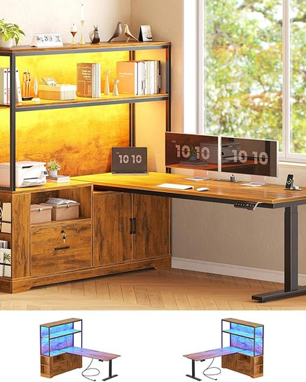 SEDETA 56.7" L Shaped Standing Desk, Reversible Computer Office Desk with Drawers & Hutch, Stand Up Corner Gaming Desks with LED Lights & Power Outlets for Home Office, Rustic Brown
