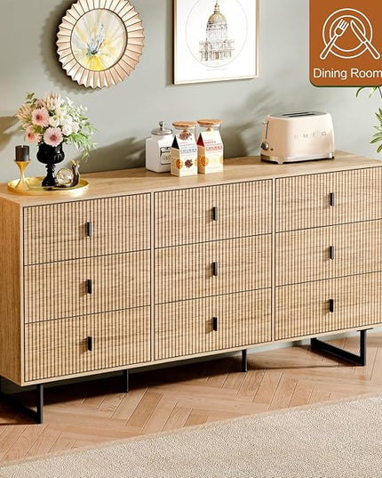 Chrangmay Modern Chest of Drawers with 9 Drawers,Deep Drawers,Clothes Organizer,Large Storage Cabinet for Living Room, Bedroom,Hallway,with Anti-Tipping Device, Oak