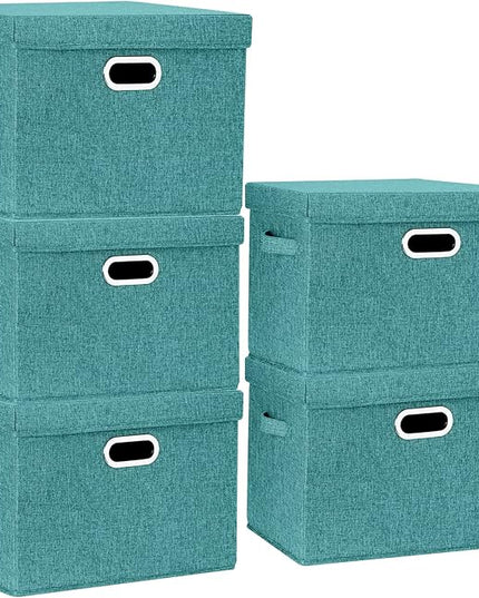 TYEERS Large Storage Bins with Lids, Collapsible, Washable, Fabric Storage Boxes for Organizing, 17.3x11.8x11.4 inches, 5 Pack, Aqua Deep