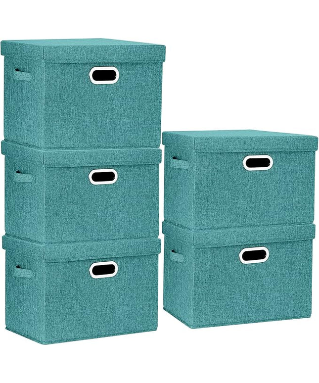 TYEERS Large Storage Bins with Lids, Collapsible, Washable, Fabric Storage Boxes for Organizing, 17.3x11.8x11.4 inches, 5 Pack, Aqua Deep
