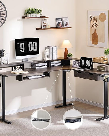 RedLemon 75X60 Inches L Shaped Electric Standing Desk,Height Adjustable Corner Gaming Desk with Drawers, Keyboard Tray, Power Outlets & LED Lights, Computer Desk with Monitor Shelf, Dark Rustic Oak