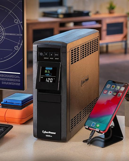 CyberPower CP1350PFCLCD PFC Sinewave UPS Battery Backup and Surge Protector, 1350VA/880W, 12 Outlets, AVR, Mini-Tower; UL Certified