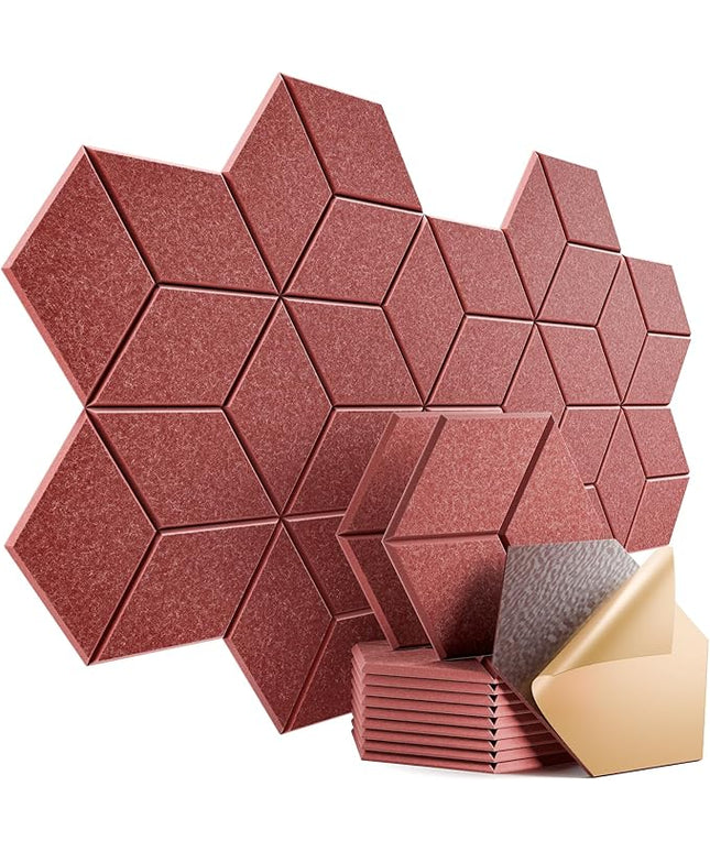 12 Pack Self-Adhesive Acoustic Panels 12" X 10" X 0.4" - Sound Proof Foam Panels with High Density, Y-Lined Design, Flame Resistant, Absorb Noise and Eliminate Echoes(Red)