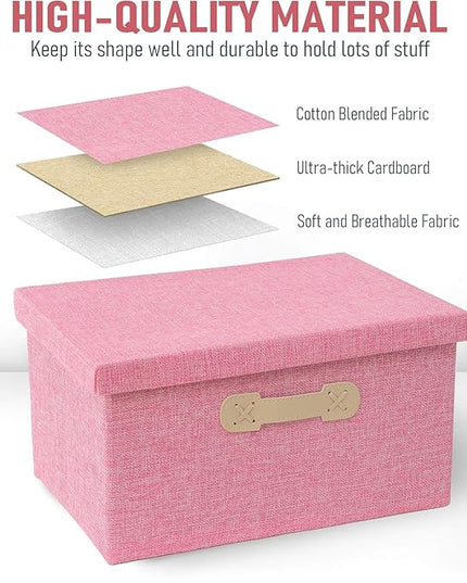 Enzk&Unity Decorative Storage Bins with Lids, Fabric Linen Foldable Storage Box with Handle Home Organizer for Shelf, Closet, Bedroom, Living Room, Office, 3 Packs, Pink