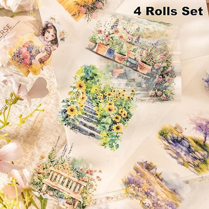 AuriicLeaf Garden and Girl PET Tape Set, 4 Rolls Pre-Cut Adhesive Tapes for Scrapbooking, Journaling, DIY Crafts, and Art Supplies