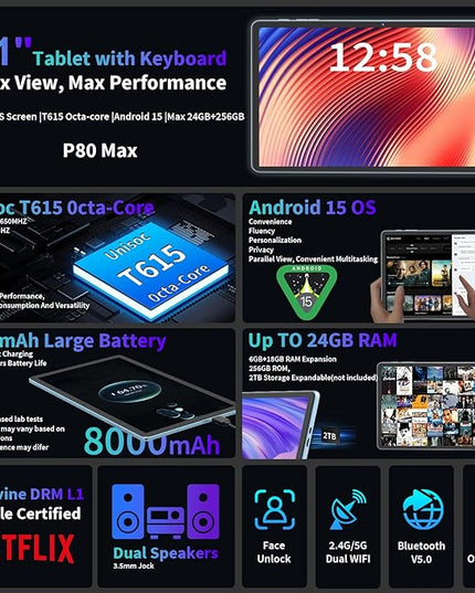2026 Android 15 Tablet, 11 inch Tablet with Keyboard, 24GB+256GB+2TB Expand, Octa-Core, 8000mAh, Gemini AI Tablets PC with 5G/2.4G WiFi, BT5.0, GPS, 2 in 1 Tablets with Case, Mouse, Stylus(Green)