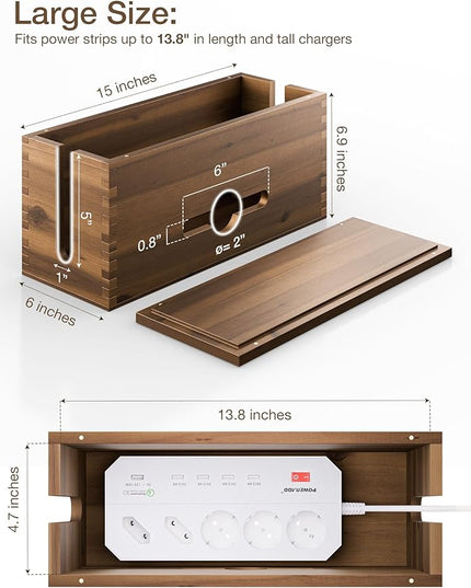 Acacia Large Cable Management Box - 15" L Cord Box Hider, Power Strip Box for Office - Cable Hider Box, Surge Protector Box - Wire Box Hider for Desk - 3 Open Slots, Magnetic Lid (Walnut color)