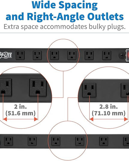 Tripp Lite 12-Outlet Rack Mount Power Strip PDU, Six Front & Six Rear Facing Outlets, 15A, 120V, 15ft Cord with Right-Angle Plug, Horizontal 1U Rack Mount, Black
