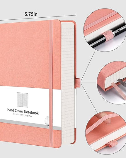 AHGXG Graph Paper Notebook - 320 Pages Grid Notebook Thick Journal A5, 100gsm Thick Graph Paper, Leather Hardcover, Inner Pocket,5.75'' × 8.38''- Pink