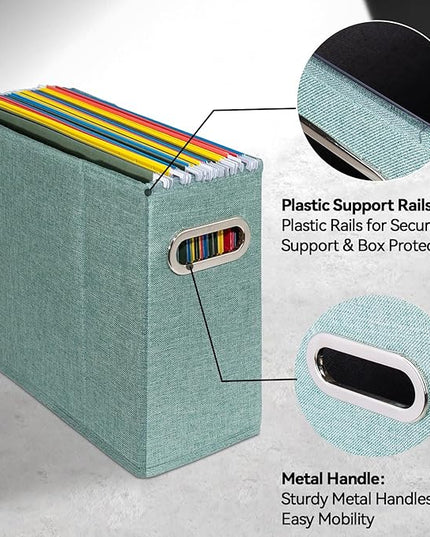 4 Packs Letter Size File Organizer, File Folders Organizer, Fabric Storage Box, Collapsible Paper Organizer with Metal Handle, Smooth PVC Rails, Only Box (Green)