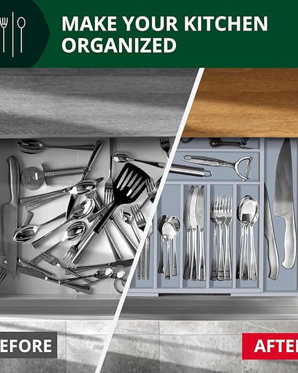 ROYAL CRAFT WOOD Luxury Bamboo Kitchen Drawer Organizer - Silverware Organizer - Utensil Holder and Cutlery Tray with Grooved Drawer Dividers for Flatware and Kitchen Utensils (9 Slot, Gray)