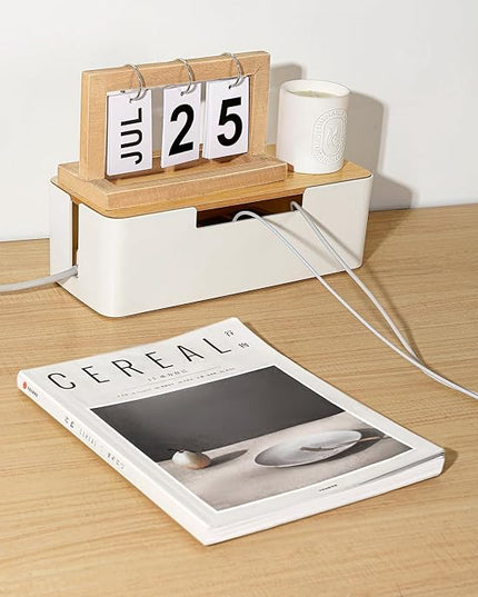 BUYSK ABS Cord Organizer Box with Wooden Lid, Cable Management Box for Power Strips or Surge Protectors, Desk Cable Tidy Box for Office Home(White)