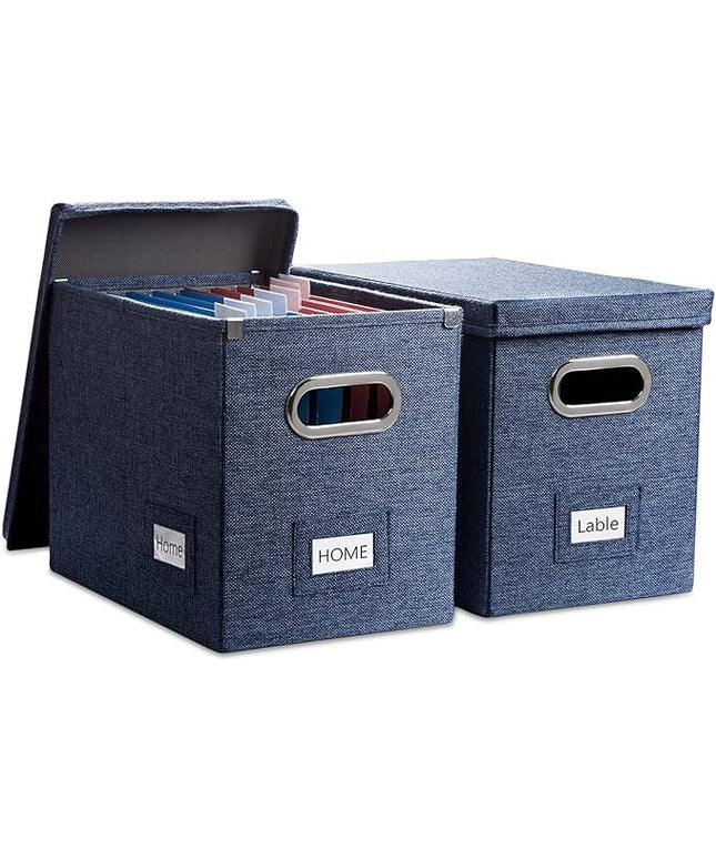 PRANDOM File Organizer Box - Set of 2 Collapsible Decorative Linen Filing Storage Hanging File Folders with Lids Office Cabinet Letter Size Navy Blue (14x9.3x10.8 inch)