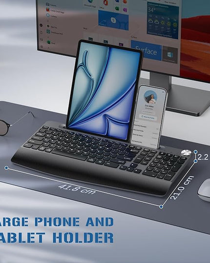 JOYACCESS Wireless Keyboard and Mouse, Ergonomic Wireless Keyboard with Wrist Rest and Phone Holder, Quiet Computer Mouse for Mac PC Laptop-Black Grey
