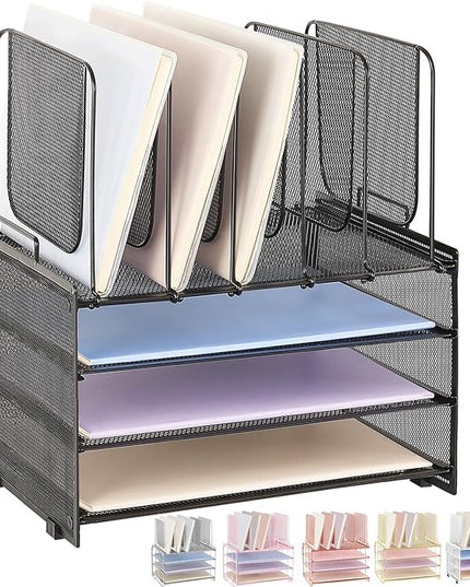 LEKETREE Desk Organizers and Accessories, 3-Tier Paper Organizer with 5 Vertical File Holders, File Folder Organizer (Black, 3T)