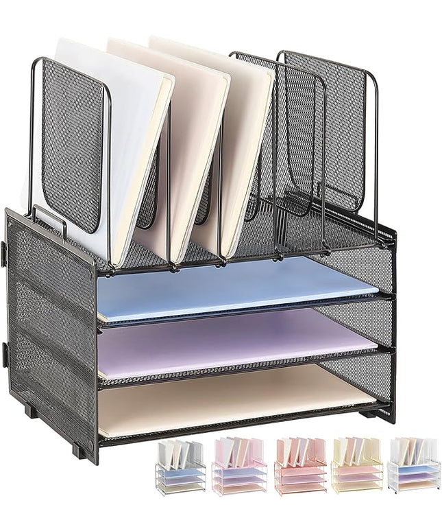 LEKETREE Desk Organizers and Accessories, 3-Tier Paper Organizer with 5 Vertical File Holders, File Folder Organizer (Black, 3T)