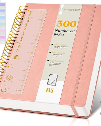 B5 Spiral Notebook Journal 7.6” x 10”, 300 Numbered Pages Hardcover Leather Journals for Women Men, Large Lined College Ruled Notebooks, 100GSM Thick Paper, Spiral Bound Journal for Work School, Pink