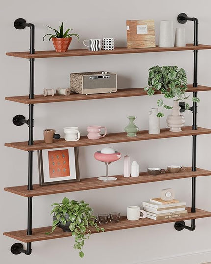 Floating Shelves for Wall Bookshelf Industrial Pipe Shelving Shelves 48 Inch 5 Tier Natural Wood Planks Rustic Wall Shelves Hanging Bookshelves Farmhouse Kitchen Shelving