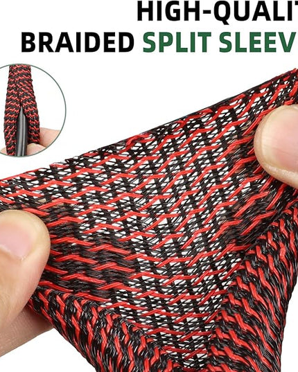 Split Wire Loom Tubing, Cable Protector Sleeve, Braided Cable Management for TV/Computer/Home Theater/Engine Bay, Cord Protectors from Pets No Chew (Red and Black, 1/2"-25ft)