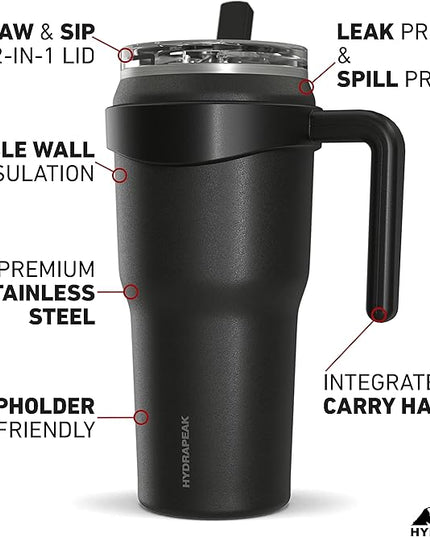 Hydrapeak Roadster 40oz Stainless Steel Tumbler Double Wall Vacuum Insulated Water Bottle With Handle And 2 in 1 Straw Lid (Black)