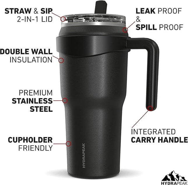 Hydrapeak Roadster 40oz Stainless Steel Tumbler Double Wall Vacuum Insulated Water Bottle With Handle And 2 in 1 Straw Lid (Black)