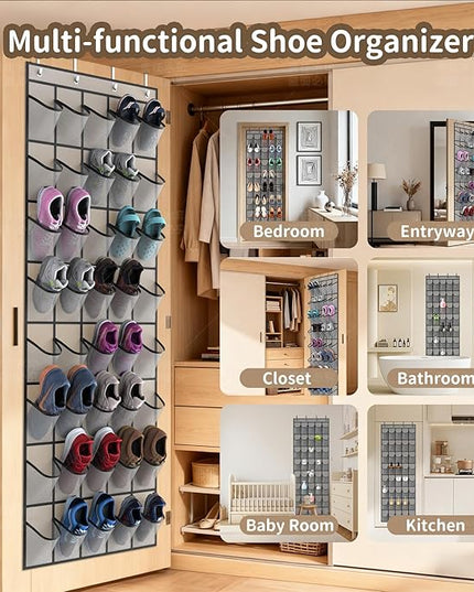 Over the Door Shoe Organizer with 40 Large Pockets, Multi-Purpose Storage for Shoe and Accessories, Durable Fabric with Adjustable Hooks for Home Closet Bedroom Entryway-Grey