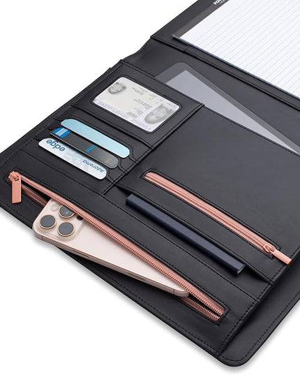 FOREVERMORE PORTFOLIOS Padfolio Binder Organizer for Women | Faux Leather Portfolio Folder for Resume, Documents, Notebook, Tablet and Business Cards | Notepad Included - Black