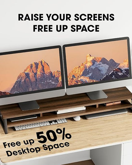 Fenge Dual Monitor Stand for Desk, 42.5in Large Monitor Riser for 2 Monitors, 2 Tier Computer Office Desk Top Shelf, Desktop Storage Stand for Laptop, PC, Computer, Printer