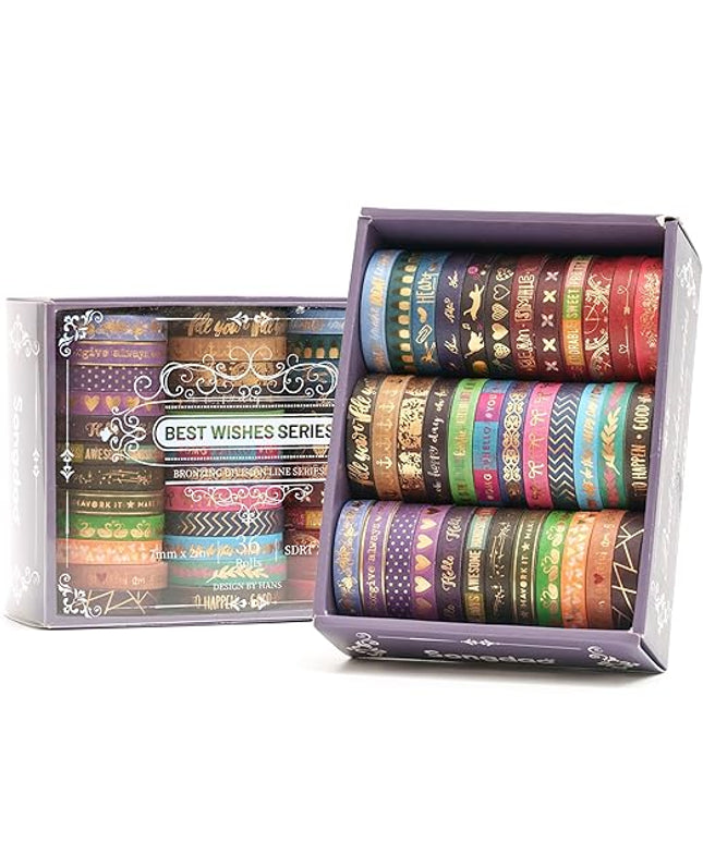 Songdao 36 Rolls Skinny Washi Tape Set Gold Foil Detailing Arts Adhesive Tapes Basic Patterns Decorative Masking Tape Sets for Craft, Kids, Scrapbook, DIY, Gift Wrapping (Bronzing Letters)