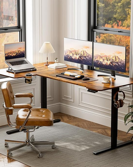 71 Inch L Shaped Standing Desk Adjustable Height, Electric Corner Standing Desk, Sit Stand Computer Table with Reversiable Splice Board, Rustic Brown
