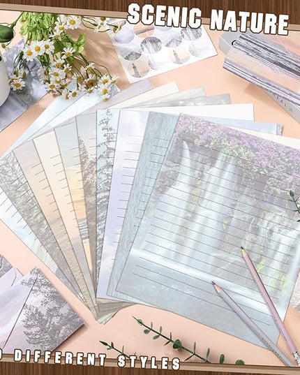 TaoBary 160 Pcs Stationery Paper Set 50 Double Sided Stationery Papers with 50 Matching Envelopes and 60 Round Dot Sticker, 10 Design(Natural Scenery,8.5 x 11 Inch)
