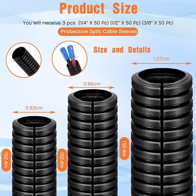 Sasylvia 1/4", 1/2", 3/8" x 50 Ft Split Wire Loom Tubing Wire Loom Assortment Split Cable Sleeves Bulk Flexible Electrical Conduit Protective kit