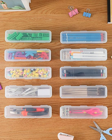 10 Pack Clear Plastic Pencil Case Boxes - Narrow Stackable Storage Organizers with Snap Lids for Pens, Markers, Makeup Brushes, Art Supplies, Beads, Jewelry, School Office Use, Rectangular Narrow