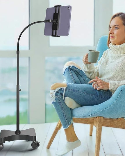 LEVO Adjustable Height Floor Stand on Wheels for Tablet & Phone - Gooseneck Holder Mount with Stable Base - Compatible with All Cell Phones & Tablets (4-13 inch) - Black with Casters
