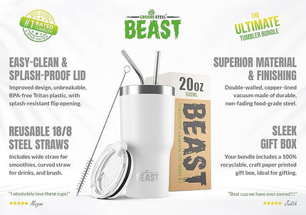 Beast 20 oz Tumbler Stainless Steel Vacuum Insulated Coffee Ice Cup Double Wall Travel Flask (Arctic White)