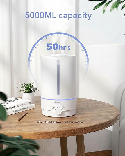 BlueHills Premium 5000 ML XL Cool and Warm Mist Ultrasonic Diffuser Humidifier Large Room Huge Coverage Area 5 Liter Big Capacity High Output 50 Hours Long Run Time Essential Oil Diffuser White W501