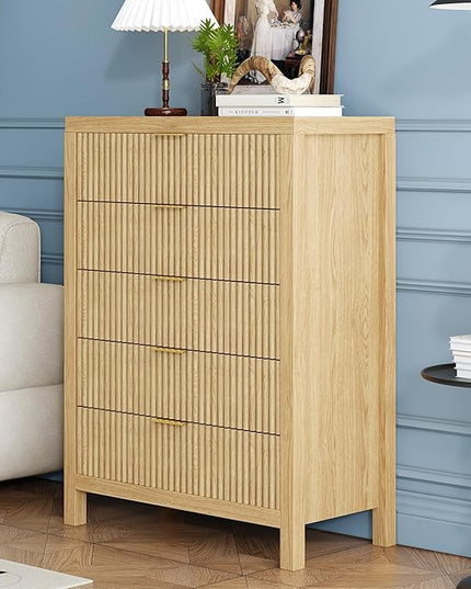 JZXSHD 43" 5 Tall Drawer Dresser Organizer TV Drawer Cabinet Modern Wood Storage Cabinet, Modern Wood Storage Cabinet for Bedroom, Hallway, Entryway, Natural Oak