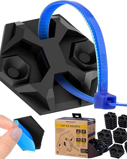 Rugged, Stylish Adhesive XL Zip Tie Mounts 100 Pack. Premium 1.5in Sticky Back Ziptie, Cord, and Cable Management Anchor Clips. Easy Peel and Stick Mounting Bases With Hanging Organizer Box Dispenser