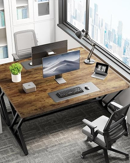LVB Rustic Computer Desk, Metal Wood Home Office Desk, Industrial Simple Study Executive Desk for Writing Work, Wooden Student Gaming Computer PC Table with Storage for Bedroom, 55 Inch, Rustic Brown