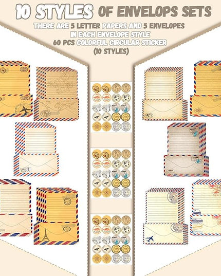 TaoBary 160 Pcs Stationery Paper Set 50 Double Sided Stationery Papers with 50 Matching Envelopes and 60 Round Dot Sticker, 10 Design(Vintage Travel,8.5 x 11 Inch)