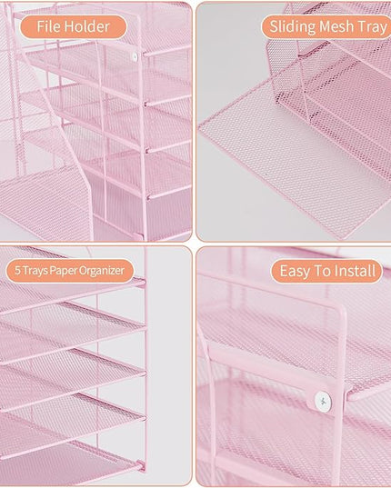 LEKETREE Desk Organizers and Accessories, 5-Tier Paper Letter Tray Organizer with File Holder, Desktop Organizer for Office Supplies (Pink)