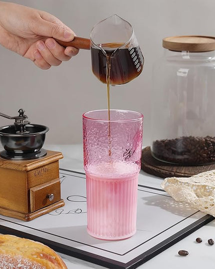 Joeyan 22 oz Pink Glass Tumbler with Straw and Lid for Iced Tea Coffee Smoothie Water Juice Beverages Soda,Ribbed Glasses Cups,Borosilicate Drinking Jar,Set of 2,Dishwasher Safe