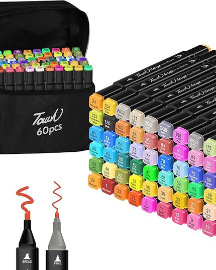 Alcohol Markers,60 Colors Dual Tip Art Marker,Drawing Sketching Coloring Artist Pens and Underlining,Art Markers for Adults Drawing Marker Coloring Painting Perfect with Broad and Fine Tips for Adult