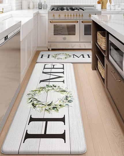 KIMODE Anti Fatigue Kitchen Mats for Floor, Farmhouse Kitchen Rugs Sets of 2, Cushioned Kitchen Floor Mats, Comfort Standing Mats for Sink, Laundry, Office, Desk White 20"x47"+20"x32"