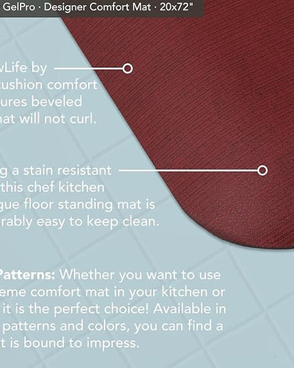 GelPro Designer Comfort Ergo-Foam Cushioned Anti-Fatigue Standing Kitchen Floor Mat, Padded Stain-Resistant, Waterproof, Non-Slip Comfort Padded Desk/Office Mat - 20" x 72", Grasscloth Crimson